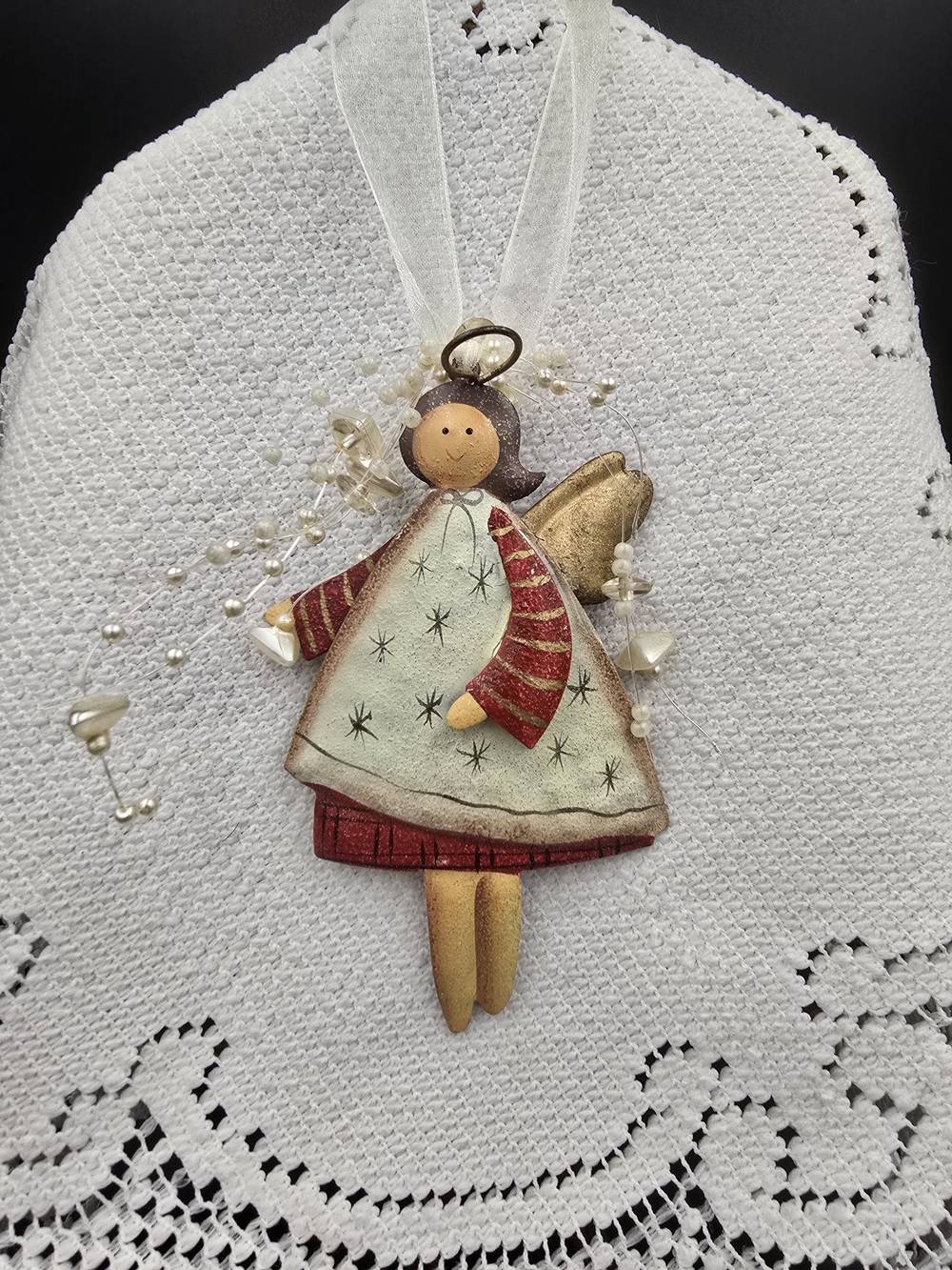 Handcrafted Angel Ornament in Cream, Red & Gold – Holiday Tree Decor